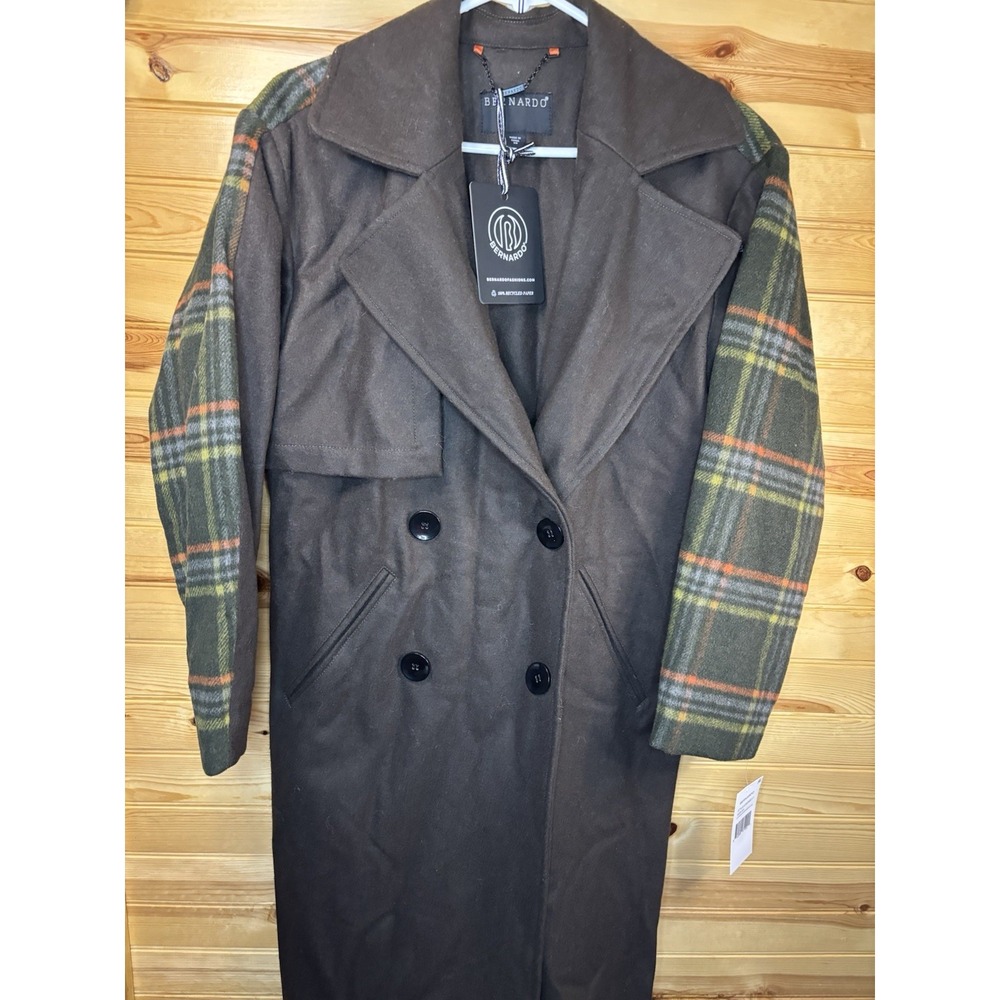 Women's Bernardo‎ Plaid Trench Coat Wool Blend Wrap Women's XS Green & Brown NWT - Picture 2 of 11
